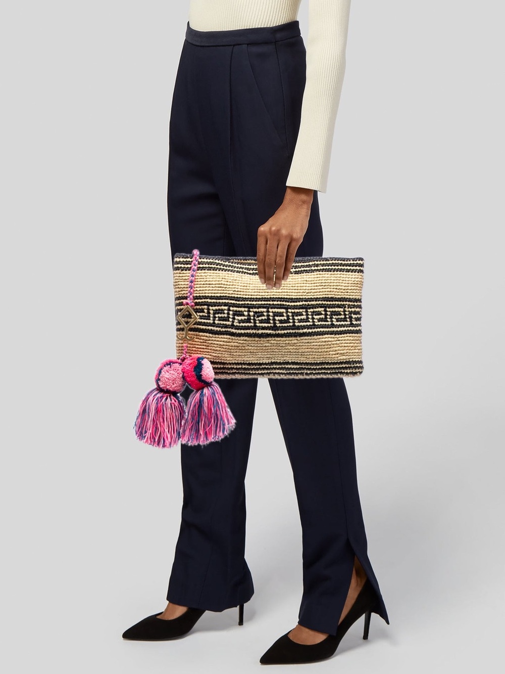 Yosuzi Woven Straw Clutch with Pink Tassel Accent